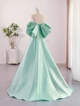 Green Satin A-line Sweetheart Off Shoulder Party Dress, Green Satin Long Evening Dress