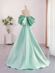 Green Satin A-line Sweetheart Off Shoulder Party Dress, Green Satin Long Evening Dress