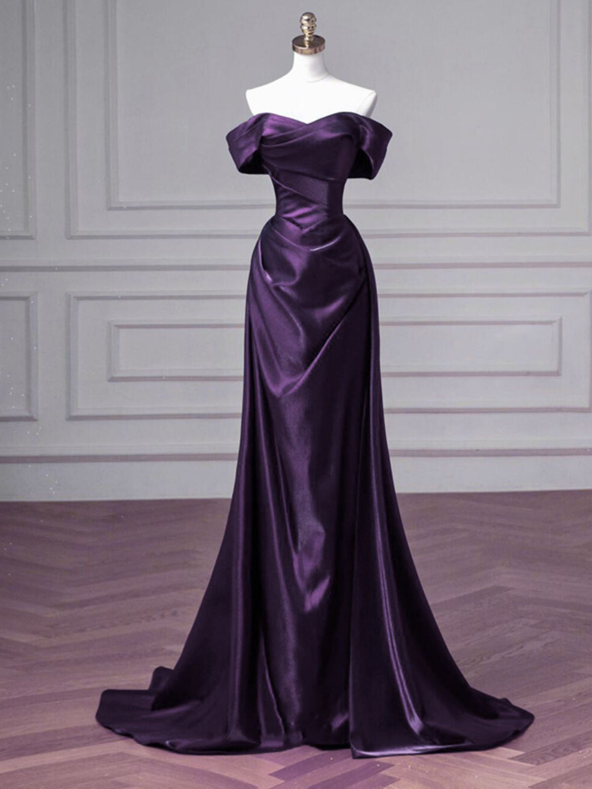 Purple Mermaid Sweetheart Off Shoulder Prom Dress, Purple Satin Long Evening Dress
