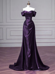 Purple Mermaid Sweetheart Off Shoulder Prom Dress, Purple Satin Long Evening Dress