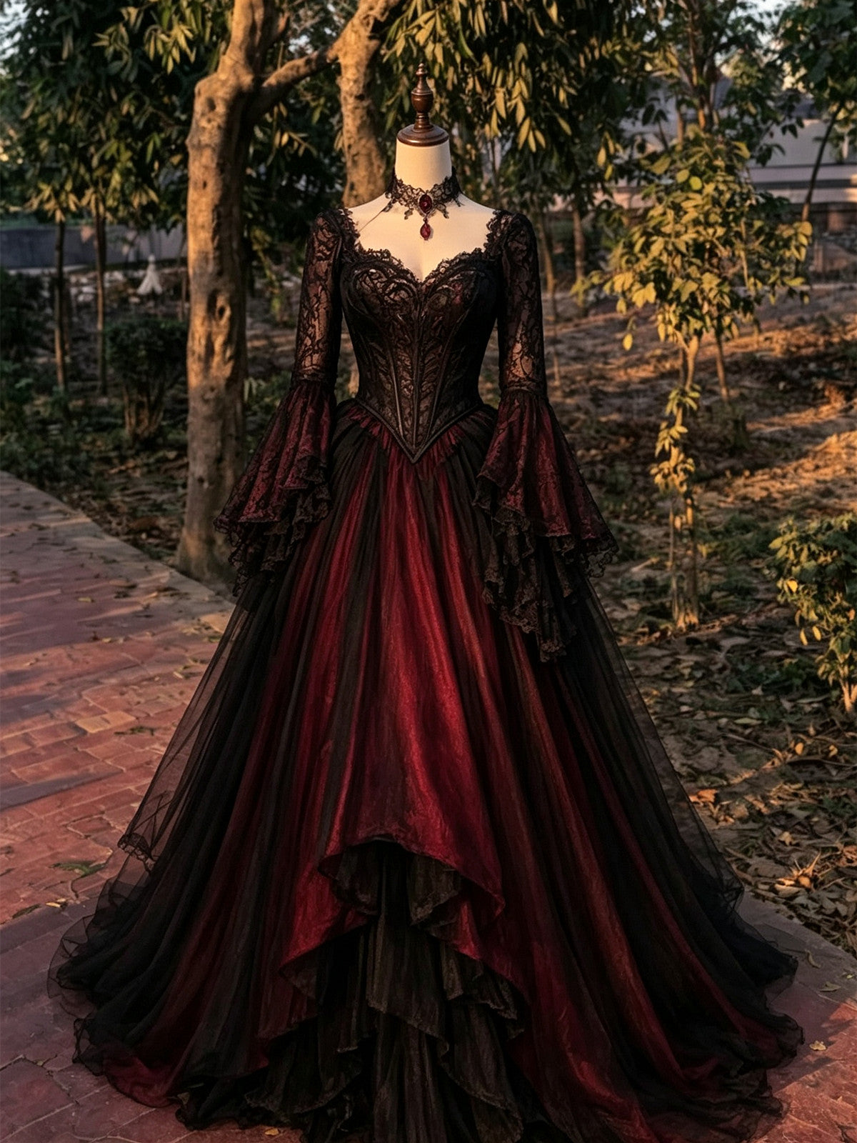 Gothic Black and Red Romantic Tiered Tulle Long Party Dress, A-line Long Formal Dress with Lace Corset Bridal Gown with Trumpet Sleeves