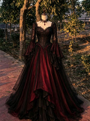 Gothic Black and Red Romantic Tiered Tulle Long Party Dress, A-line Long Formal Dress with Lace Corset Bridal Gown with Trumpet Sleeves