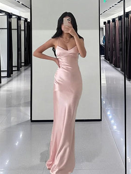  Lovely Pink Soft Satin Straps Prom Dress, Pink Satin Party Dress Formal Dress