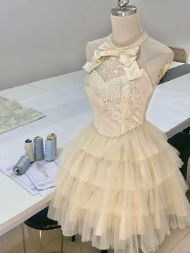 Light Champagne Tulle with Lace Applique Party Dress, Tulle Homecoming Dress with Bow