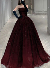 Gorgeous Black and Tulle Shiny Tulle Long Evening Dress, Black and Red Formal Gown
