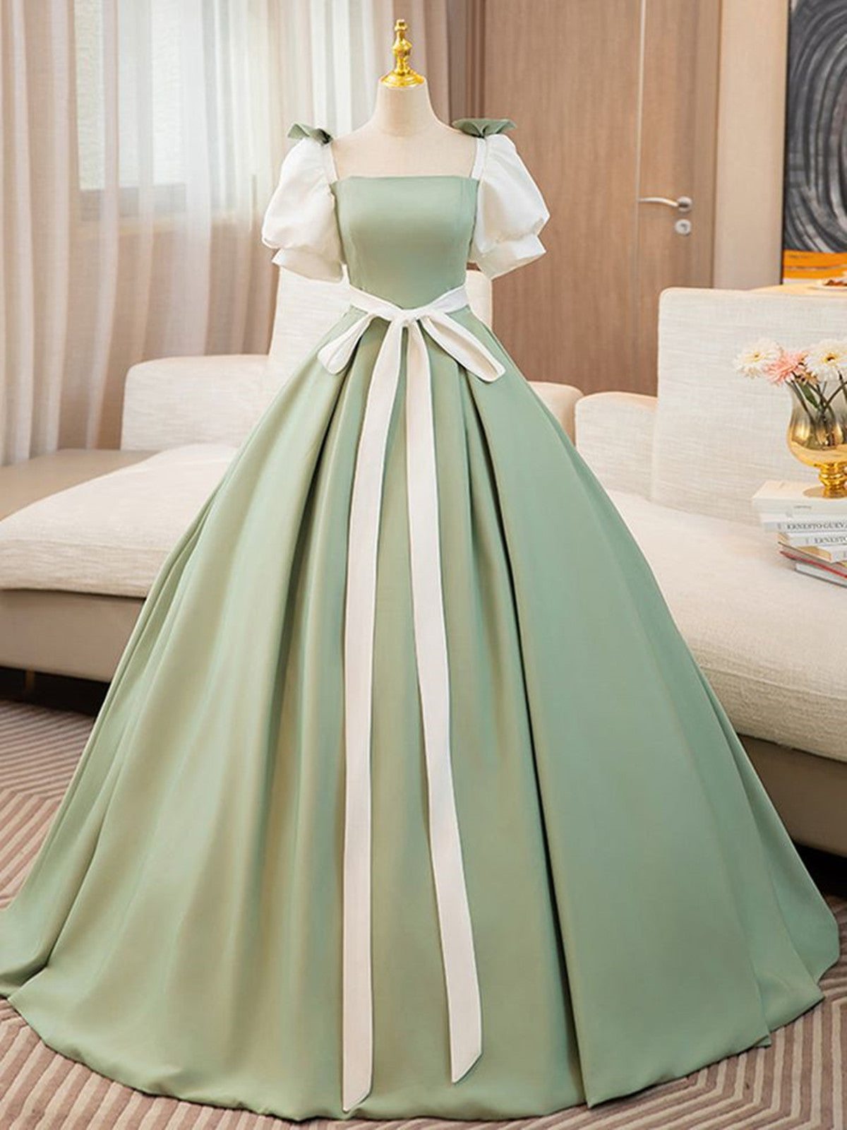 Green and White Satin Long Party Dress Prom Dress, Short Sleeves Formal Dress