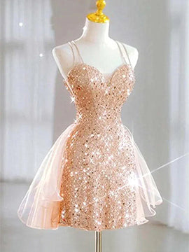Champagne Tulle and Sequins Straps Party Dress, A-line Sequins Short Homecoming Dress