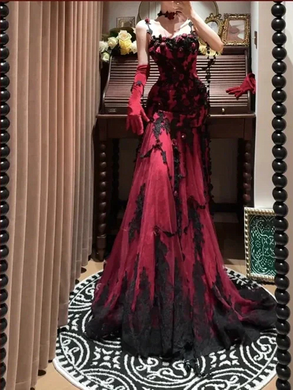 Wine Red Tulle Mermaid Straps Long Party Dress with Straps, Wine Red Long Prom Dress