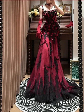 Wine Red Tulle Mermaid Straps Long Party Dress with Straps, Wine Red Long Prom Dress