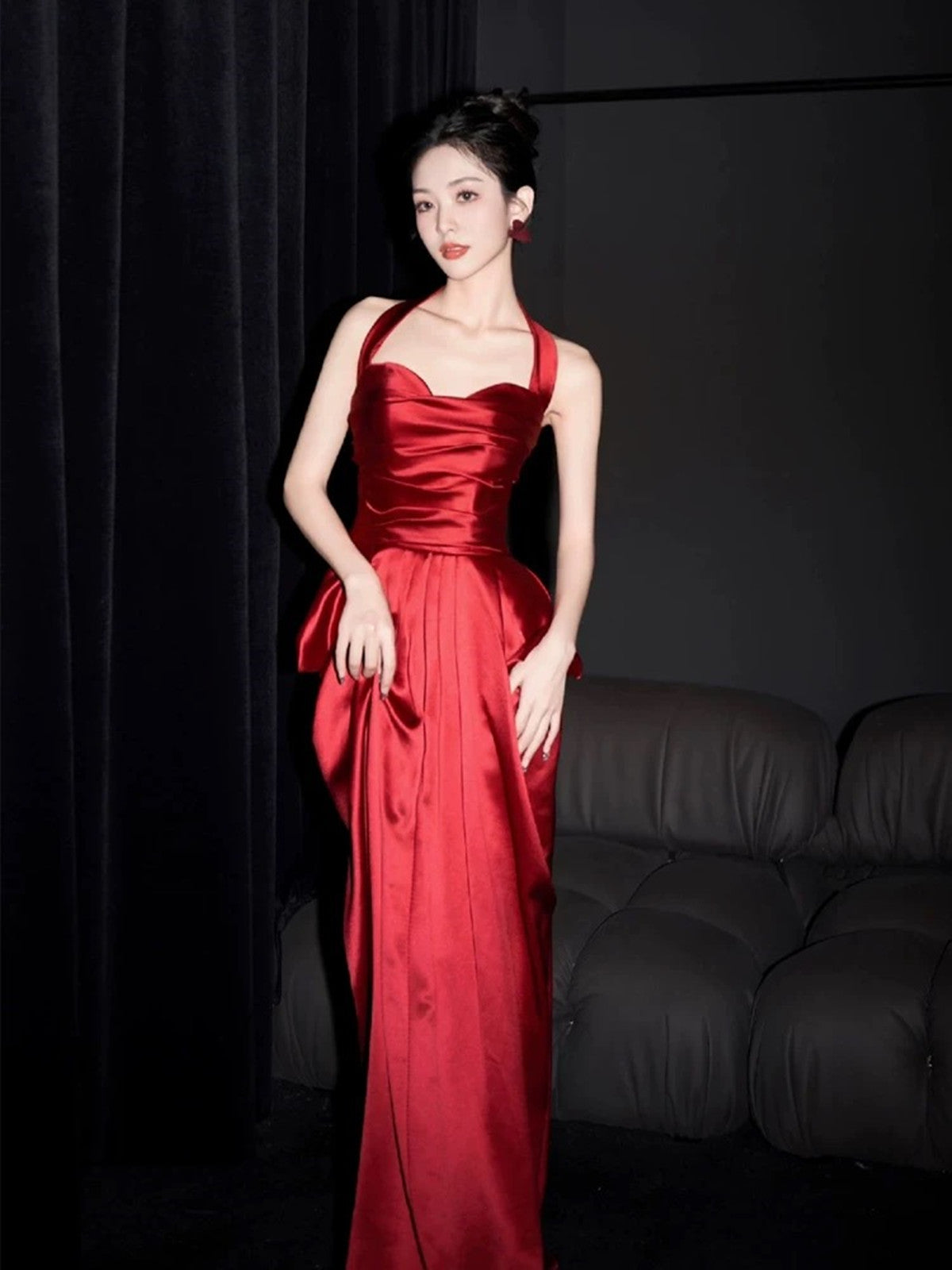 Wine Red Satin Halter Long Party Dress, Wine Red Satin Evening Dress Prom Dress