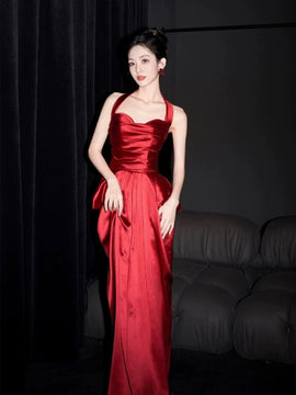 Wine Red Satin Halter Long Party Dress, Wine Red Satin Evening Dress Prom Dress