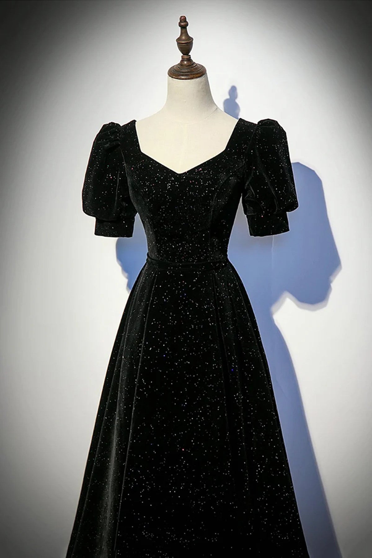 Black A-line Velvet Short Sleeves Party Dress, Black A-line Floor Length Prom Dress