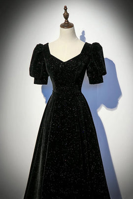 Black A-line Velvet Short Sleeves Party Dress, Black A-line Floor Length Prom Dress