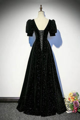 Black A-line Velvet Short Sleeves Party Dress, Black A-line Floor Length Prom Dress