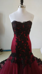 Wine Red Tulle with Black Lace Applique Mermaid Party Dress, Wine Red Tulle Evening Dress