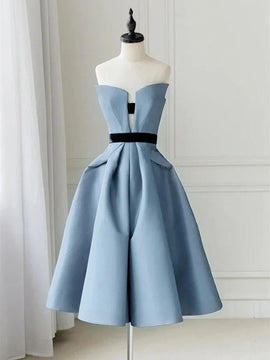 Blue Satin Short Strapless A-line Homecoming Dress, Blue Satin Short Party Dress