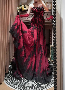 Wine Red Tulle Mermaid Straps Long Party Dress with Straps, Wine Red Long Prom Dress