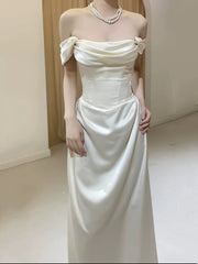 Ivory Satin A-line Off Shoulder Floor Length Party Dress, Ivory Satin Wedding Party Dress