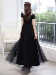 Black A-line Tulle with Lace Applique Party Dress, Black Short Sleeves Long Prom Dress
