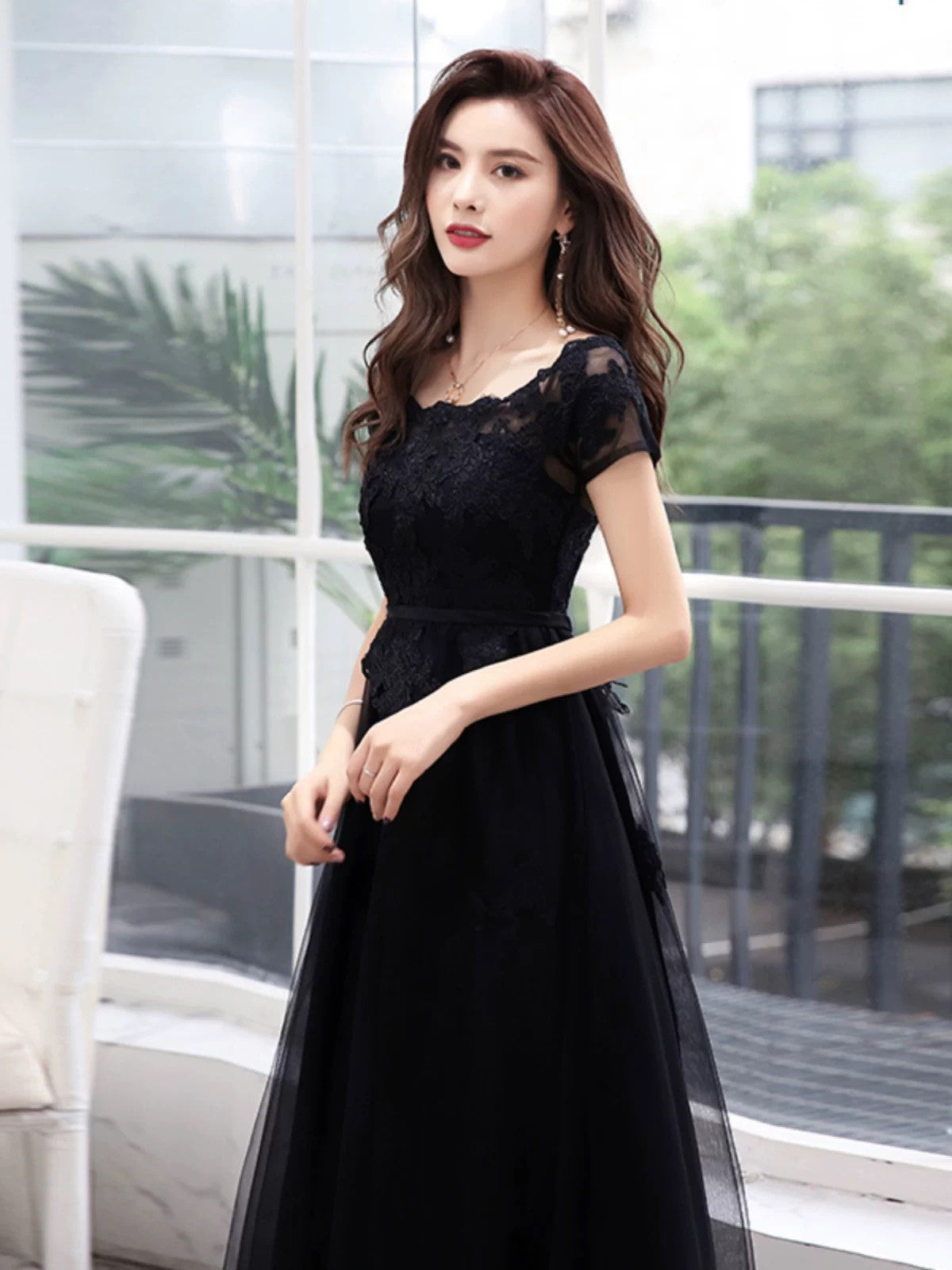 Black A-line Tulle with Lace Applique Party Dress, Black Short Sleeves Long Prom Dress
