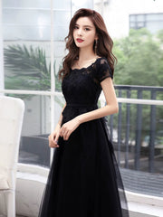 Black A-line Tulle with Lace Applique Party Dress, Black Short Sleeves Long Prom Dress