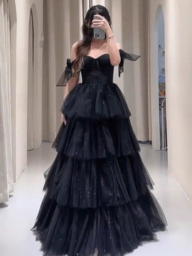 Black Tulle Sweetheart Layers Long Party Dress, Black A-line Tulle Evening Dress Prom Dress