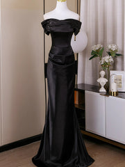 Black Satin Mermaid Long Evening Dress Party Dress, Black Satin Off Shoulder Prom Dress