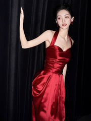 Wine Red Satin Halter Long Party Dress, Wine Red Satin Evening Dress Prom Dress