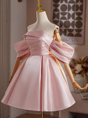 Cute Pink Satin Short Sleeves Homecoming Dress, Pink Satin Short Prom Dress