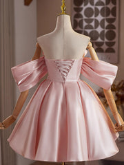 Cute Pink Satin Short Sleeves Homecoming Dress, Pink Satin Short Prom Dress