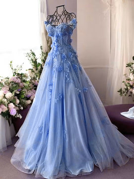 Light Blue Strapless Sweetheart Tulle with Lace Prom Dress, Light Blue Long Formal Dress