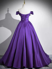 A-line Purple Satin Off Shoulder Floor Length Party Dress, Purple Satin Evening Dress Prom Dress