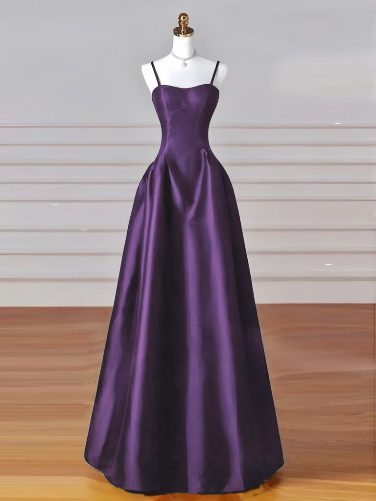 Purple A-line Satin Sweetheart Simple Floor Length Prom Dress, Purple