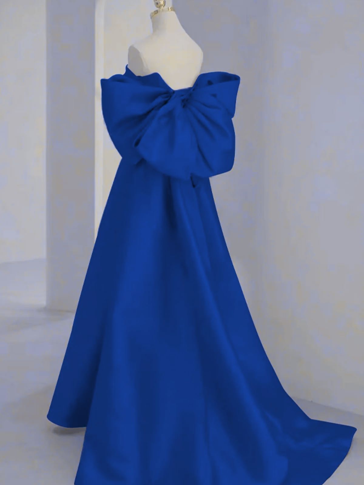 A-line blue Satin Sweetheart Off Shoulder Floor Length Prom Dress, Blue Satin Evening Dress