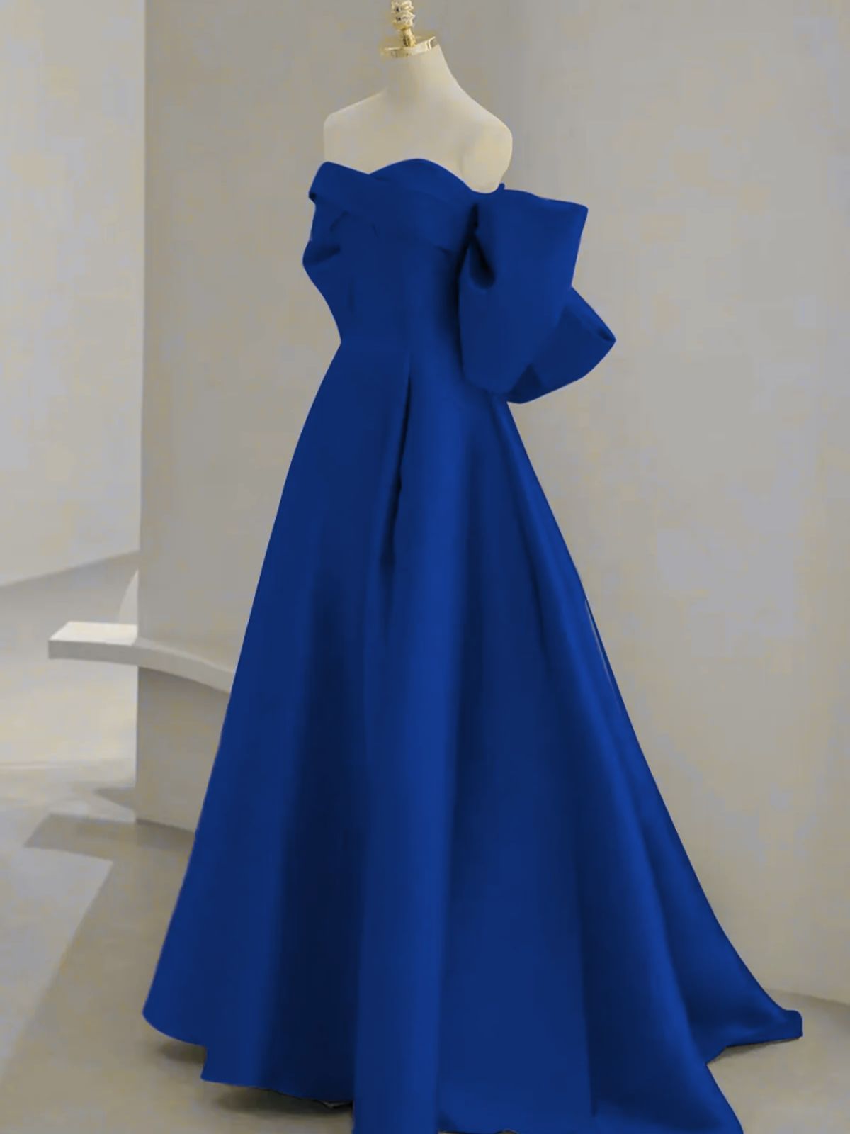 A-line blue Satin Sweetheart Off Shoulder Floor Length Prom Dress, Blue Satin Evening Dress
