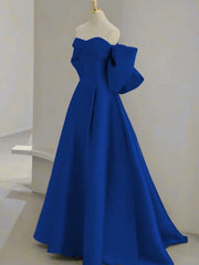 A-line blue Satin Sweetheart Off Shoulder Floor Length Prom Dress, Blue Satin Evening Dress
