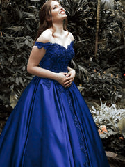 Royal Blue Satin Off Shoulder with Lace Long Formal Dress, Royal Blue Evening Dress Prom Dress
