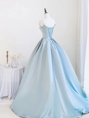 Blue Satin Beaded Round Neckline Prom Dress, Blue Satin A-line Floor Length Party Dress