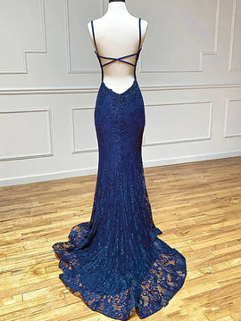 Navy Blue Lace Mermaid Straps Prom Dress With Side Slit, Navy Blue Long Evening Dress