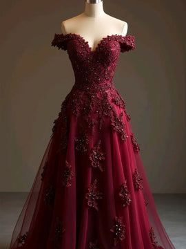 Wine Red A-line Long Prom Dress with Lace Applique, Off Shoulder Wine Red Party Dress