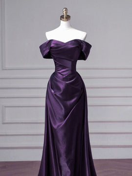 Purple Mermaid Sweetheart Off Shoulder Prom Dress, Purple Satin Long Evening Dress