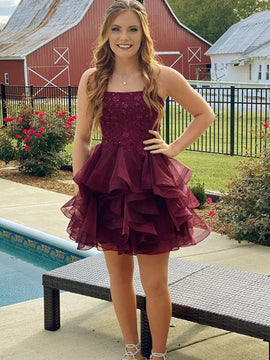 Wine Red Knee Length Short Homecoming Dress, Wine Red Tulle Short Party Dress