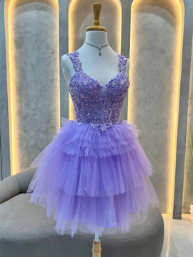 Cute Purple Sweetheart with Lace Applique Party Dress, Cute Short Tulle Homecoming Dress