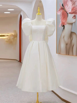 White Satin Knee Length Sweetheart Puffy Sleeves Party Dress, White Satin Graduation Dress