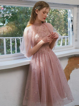 Pink Halter Shiny Tulle Knee Length Homecoming Dress, Pink Tulle Short Prom Dress