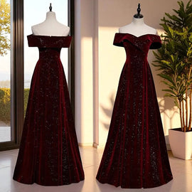 A-line Wine Red Velvet Floor Length Formal Dress, Wine Red Velvet Long Prom Dress