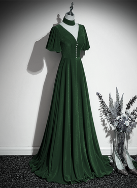 Green Velvet A-line Short Sleeves Long Party Dress, Green Long Prom Dress