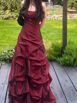 Wine Red Taffeta Beaded V-neckline Long Prom Dress, Wine Red A-line Lace-up Evening Dress