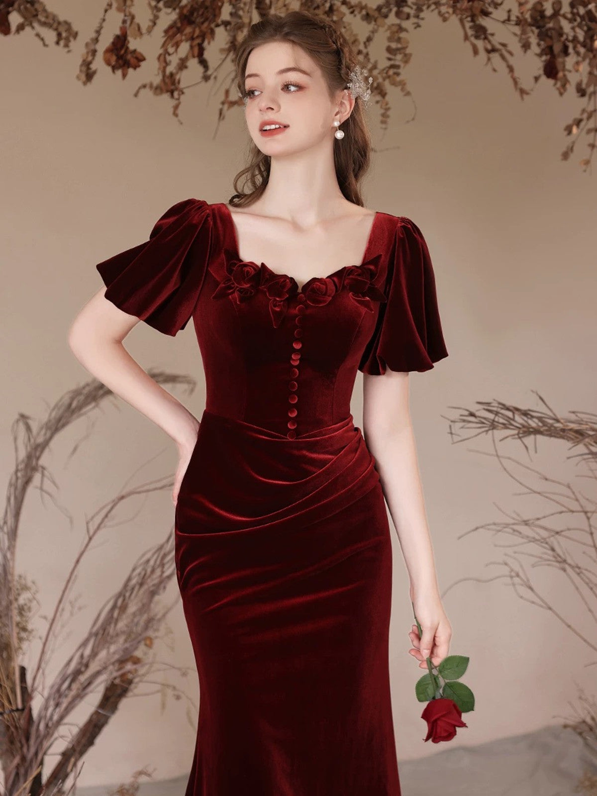 short red mermaid dress Red Mermaid Round Neckline Short Sleeves Party Dress, Red Evening Gown Cutedressy