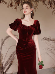 Wine Red Mermaid Velvet Short Sleeves Party Dress, Wine Red Bridesmaid Dress